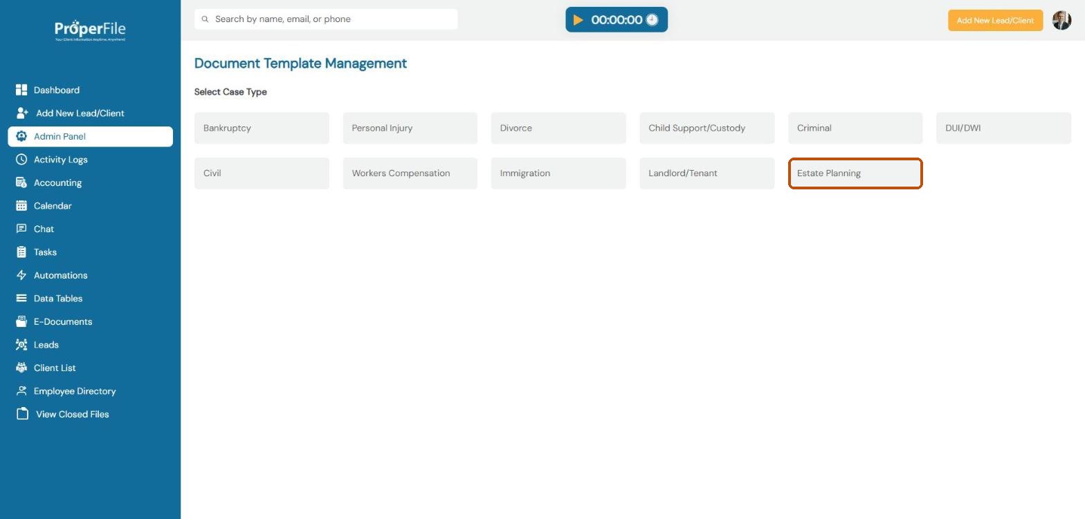 Document Template Management asks you to select a case type, with Estate Planning highlighted
