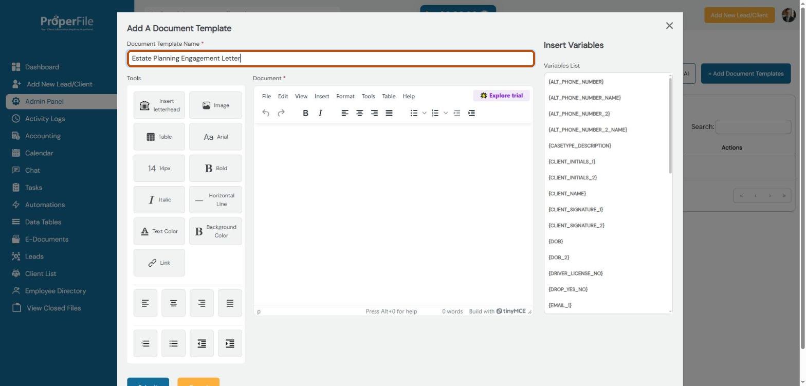 Add A Document Template window with the name Estate Planning Engagement Letter typed in
