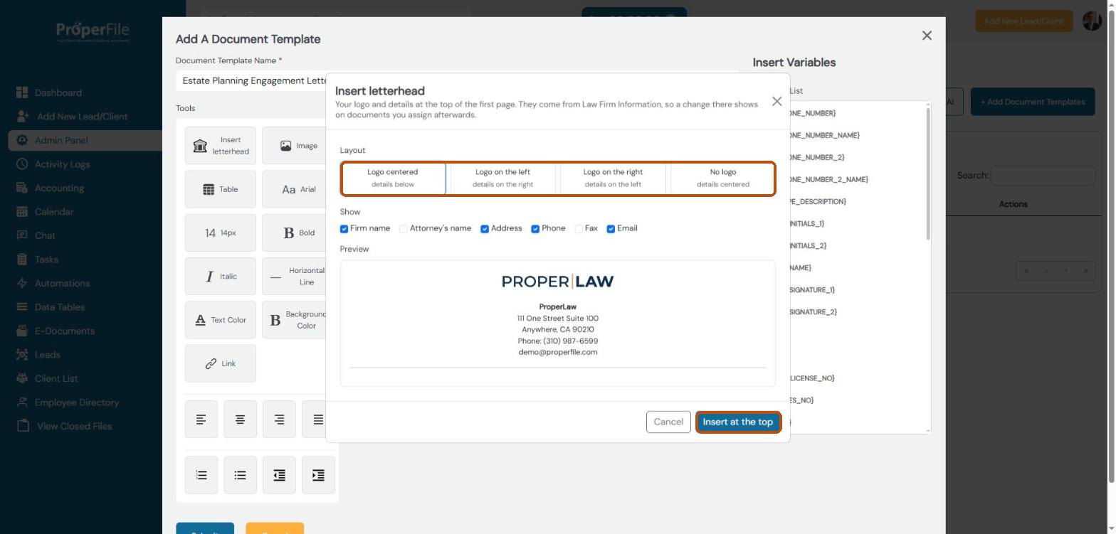 Insert letterhead window with layout choices, a preview of the firm's logo and details, and the Insert at the top button