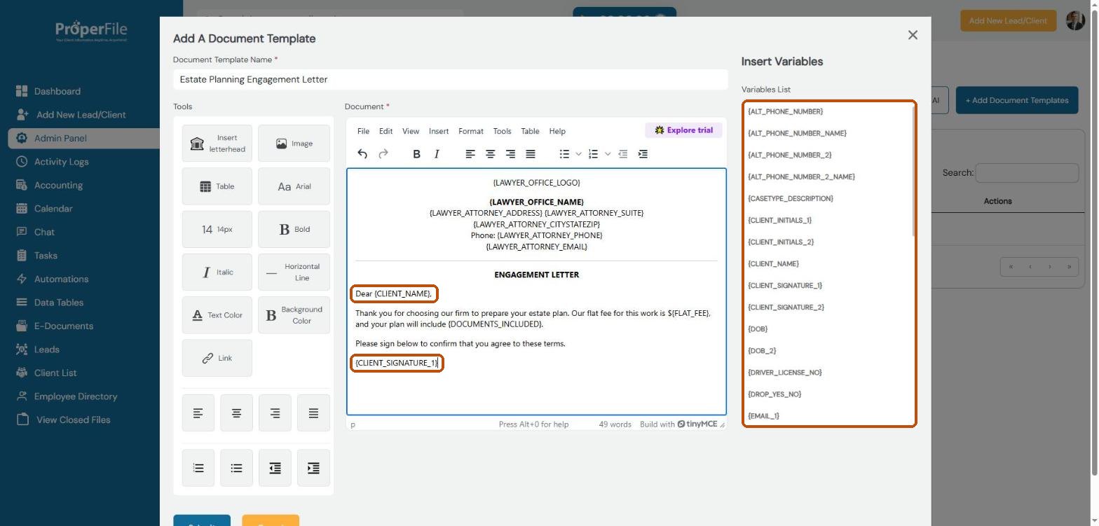 The letter in the editor with the client name and signature variables, and the Variables List on the right