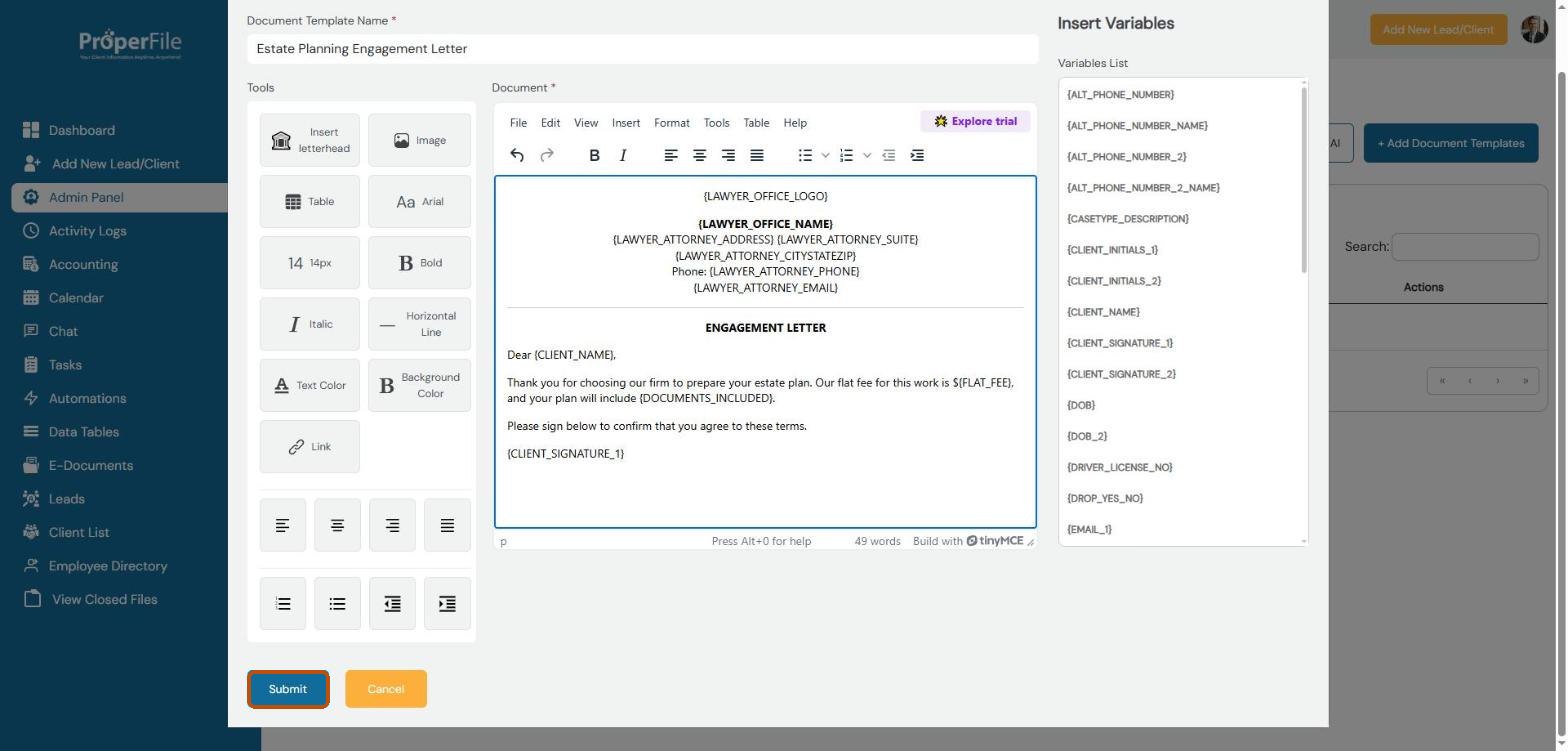 The finished template with the Submit button highlighted
