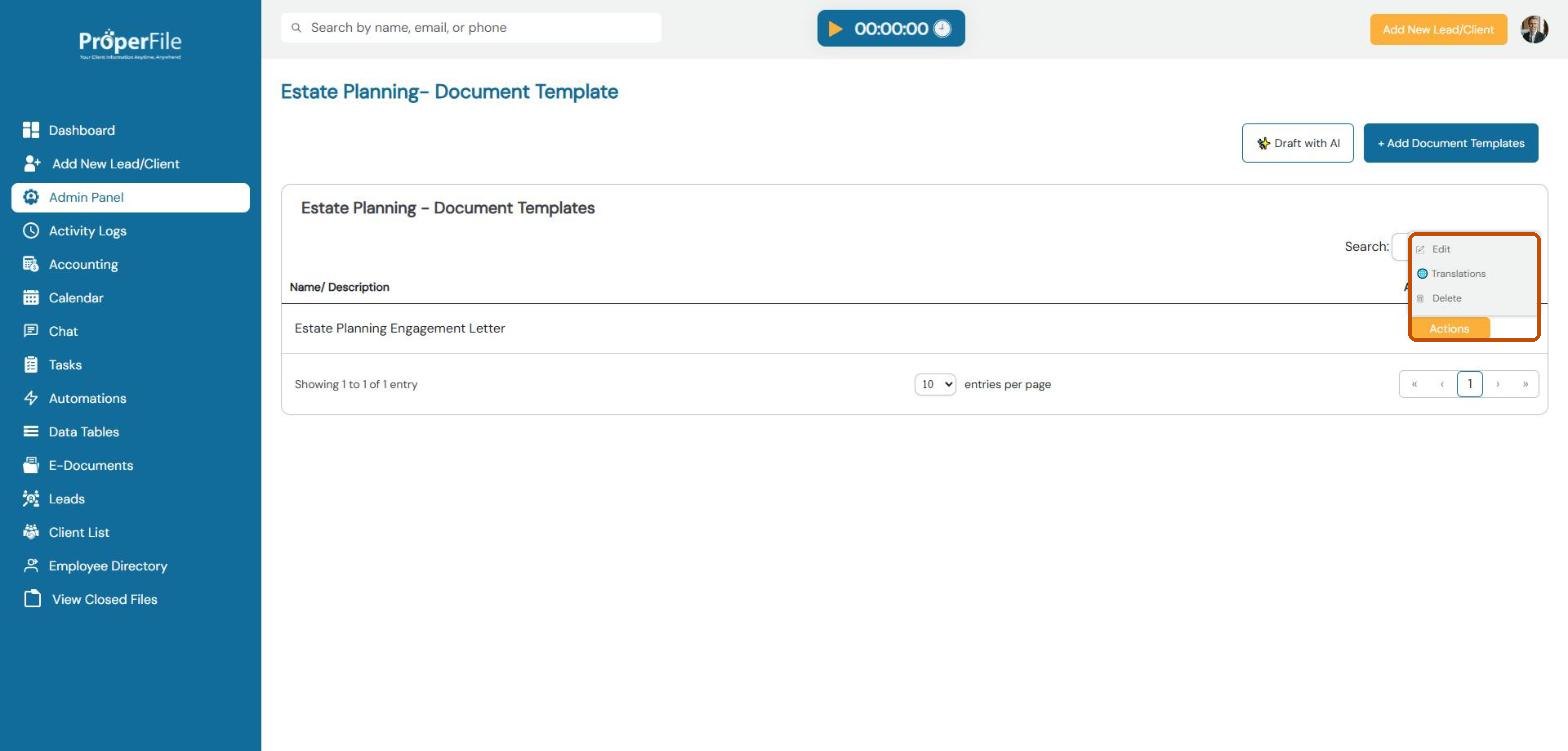 A template's Actions menu with Edit, Translations and Delete