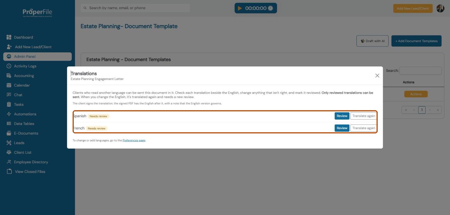 Translations window listing Spanish and French, each marked Needs review