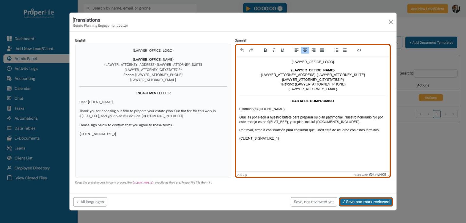 The English template beside its Spanish translation, with the Save and mark reviewed button