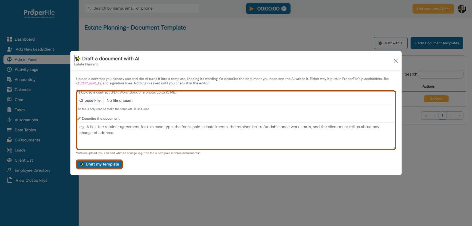 Draft a document with AI window: upload a contract or describe the document, then Draft my template