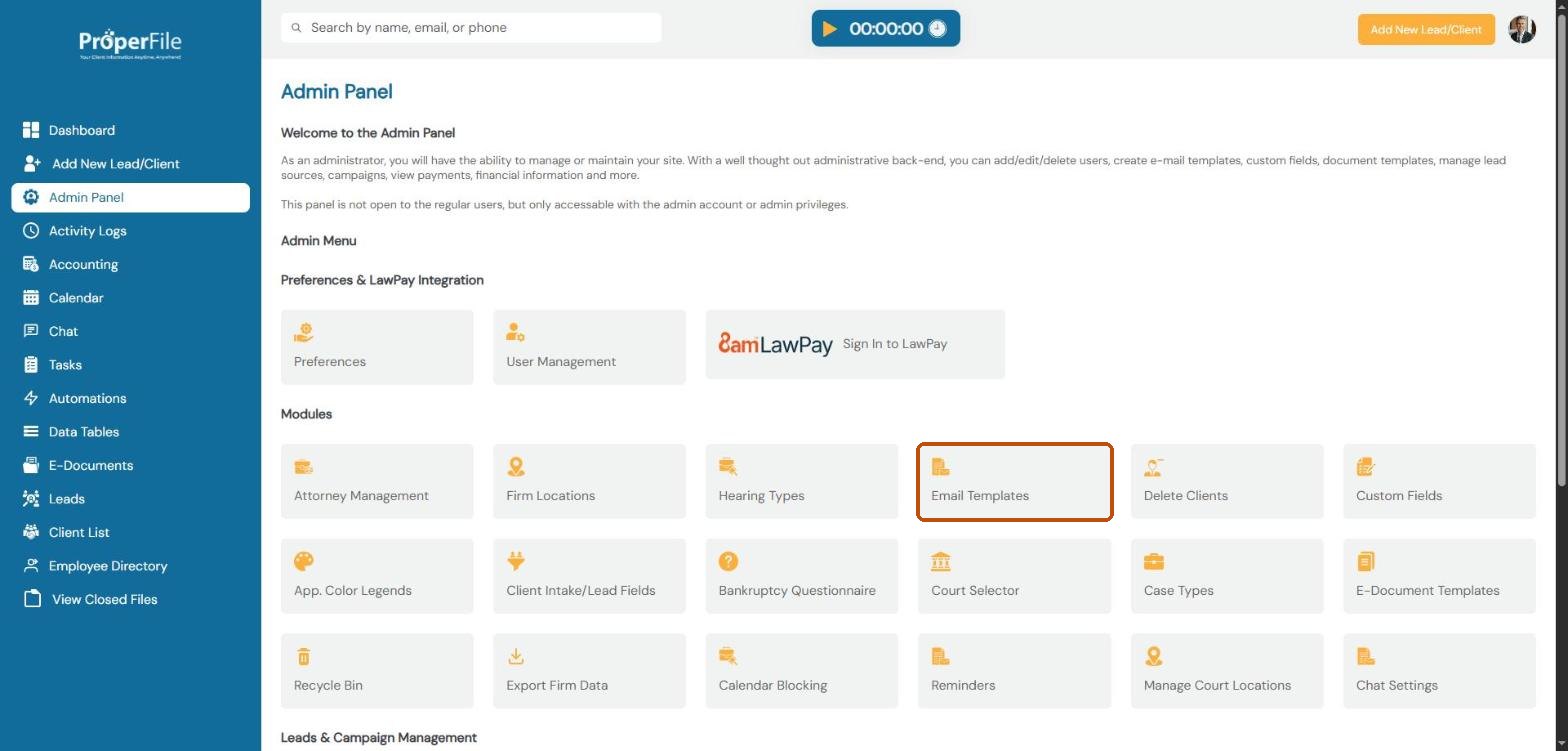 The Admin Panel with the Email Templates tile highlighted