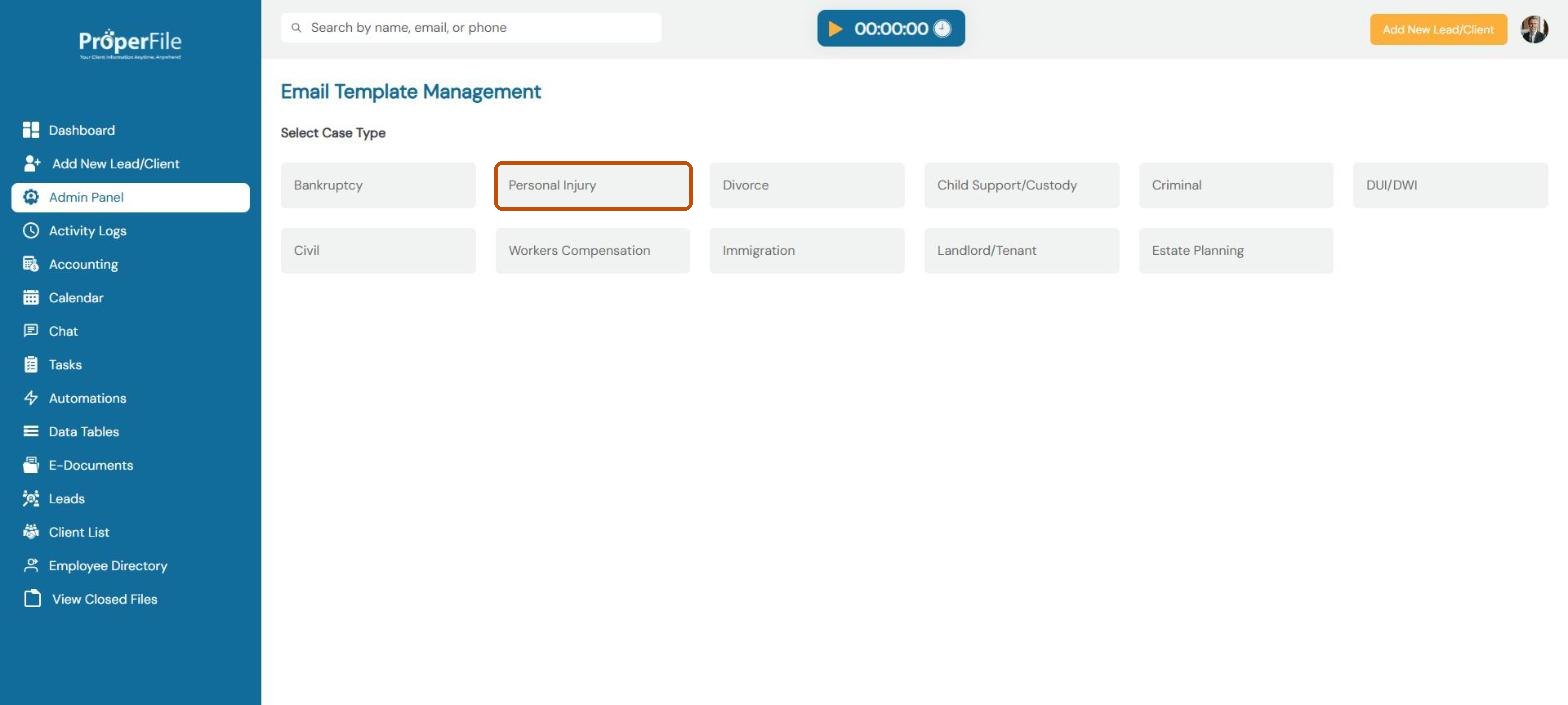 Email Template Management: choose a case type, with Personal Injury highlighted