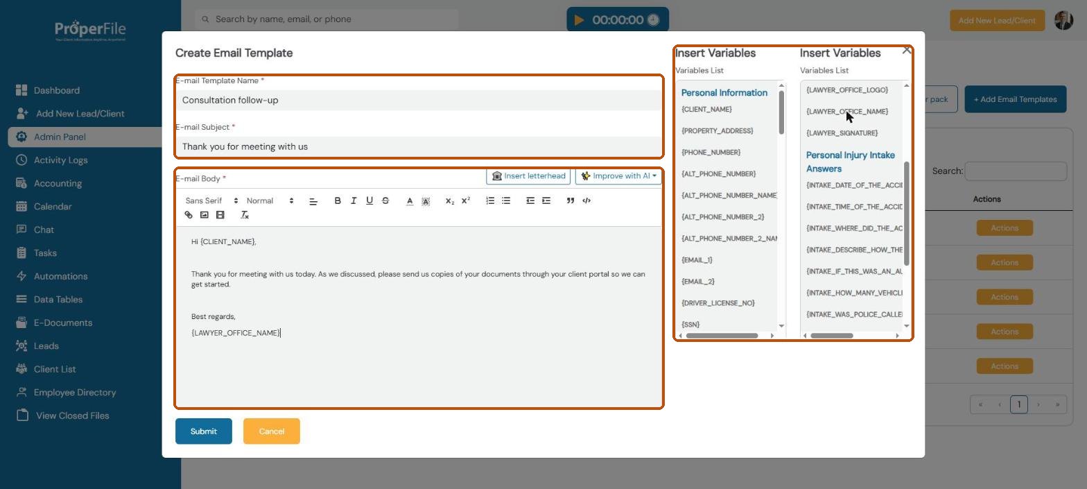 Create Email Template window with a name, subject, body and inserted variables such as CLIENT_NAME