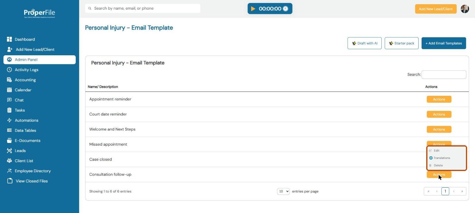 A template's Actions menu with Edit, Translations and Delete