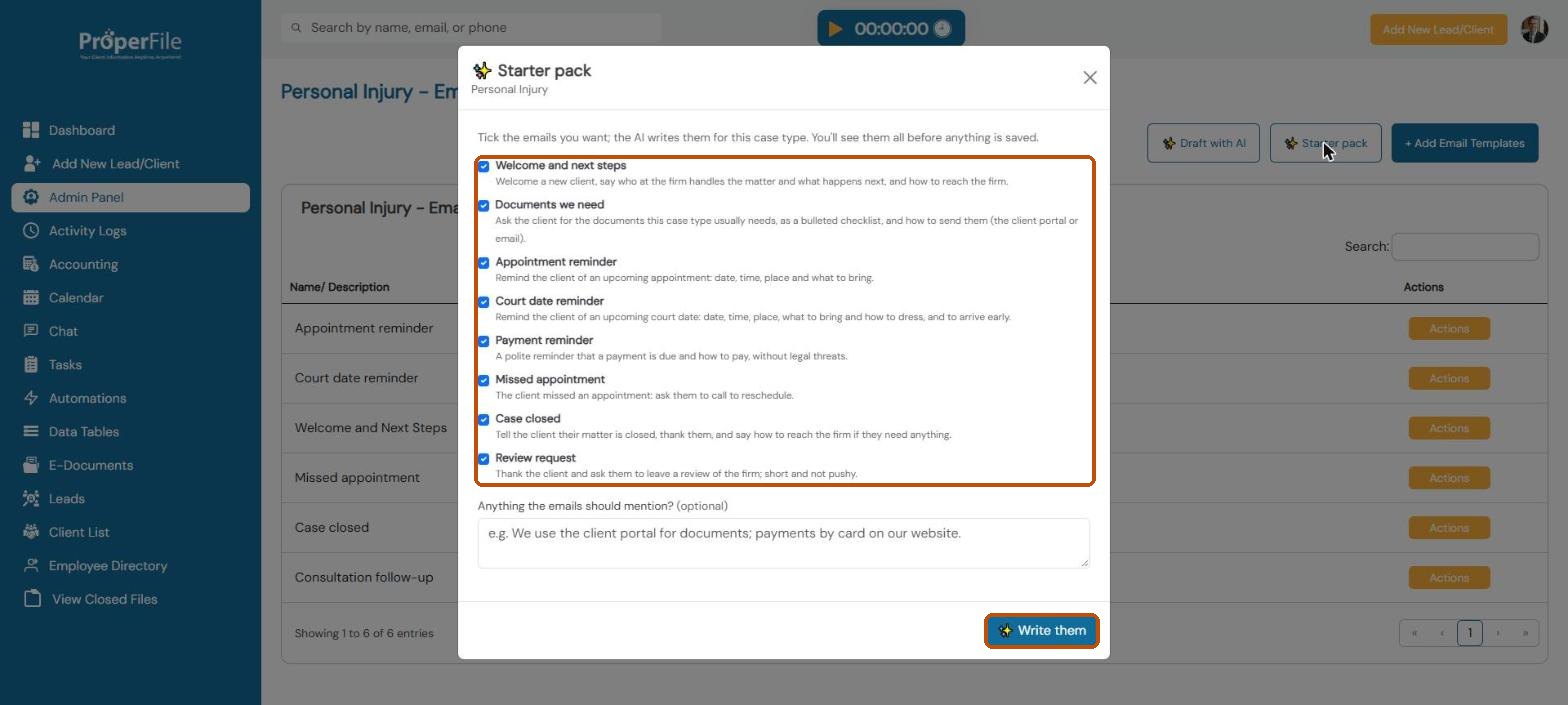 Starter pack window: tick the emails you want and the AI writes them