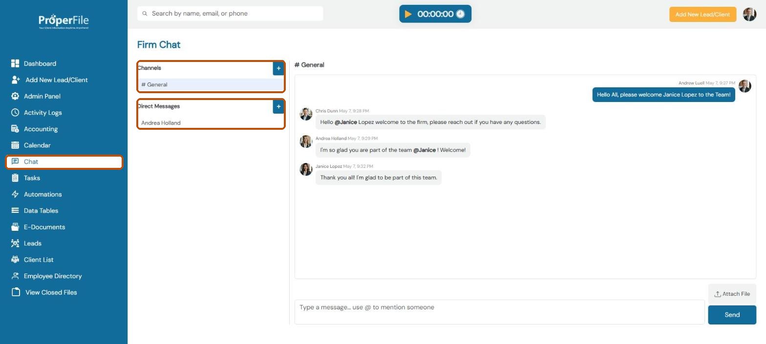 Firm Chat with the General channel, direct messages and the plus buttons to add channels and conversations