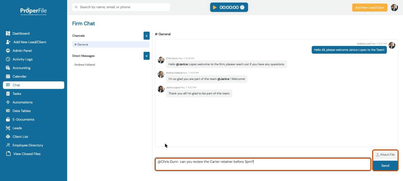 A message mentioning Chris Dunn, ready to send, with the Attach File and Send buttons