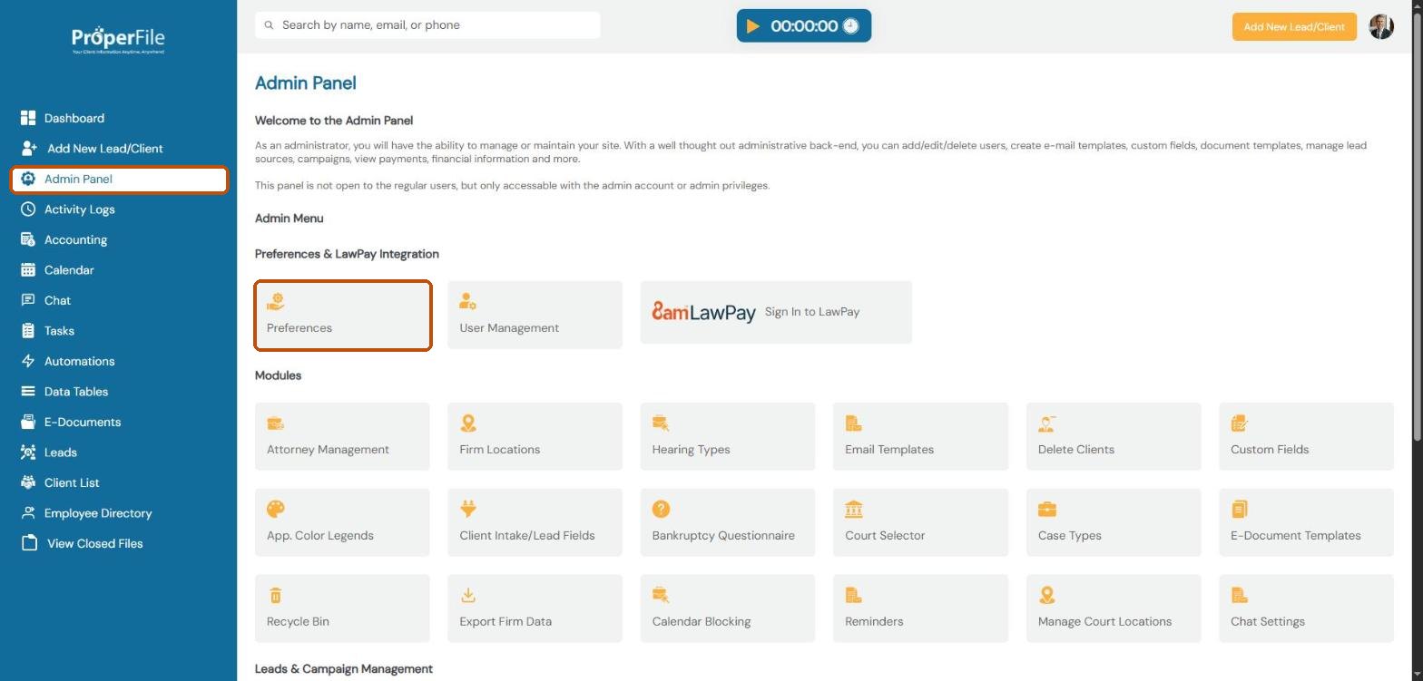 The Admin Panel with the Preferences tile highlighted