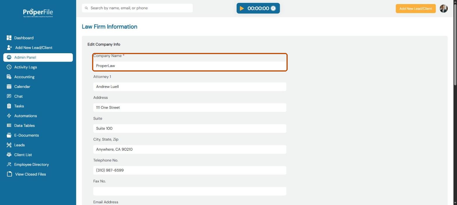 Law Firm Information page with the company name, attorney, address and phone fields