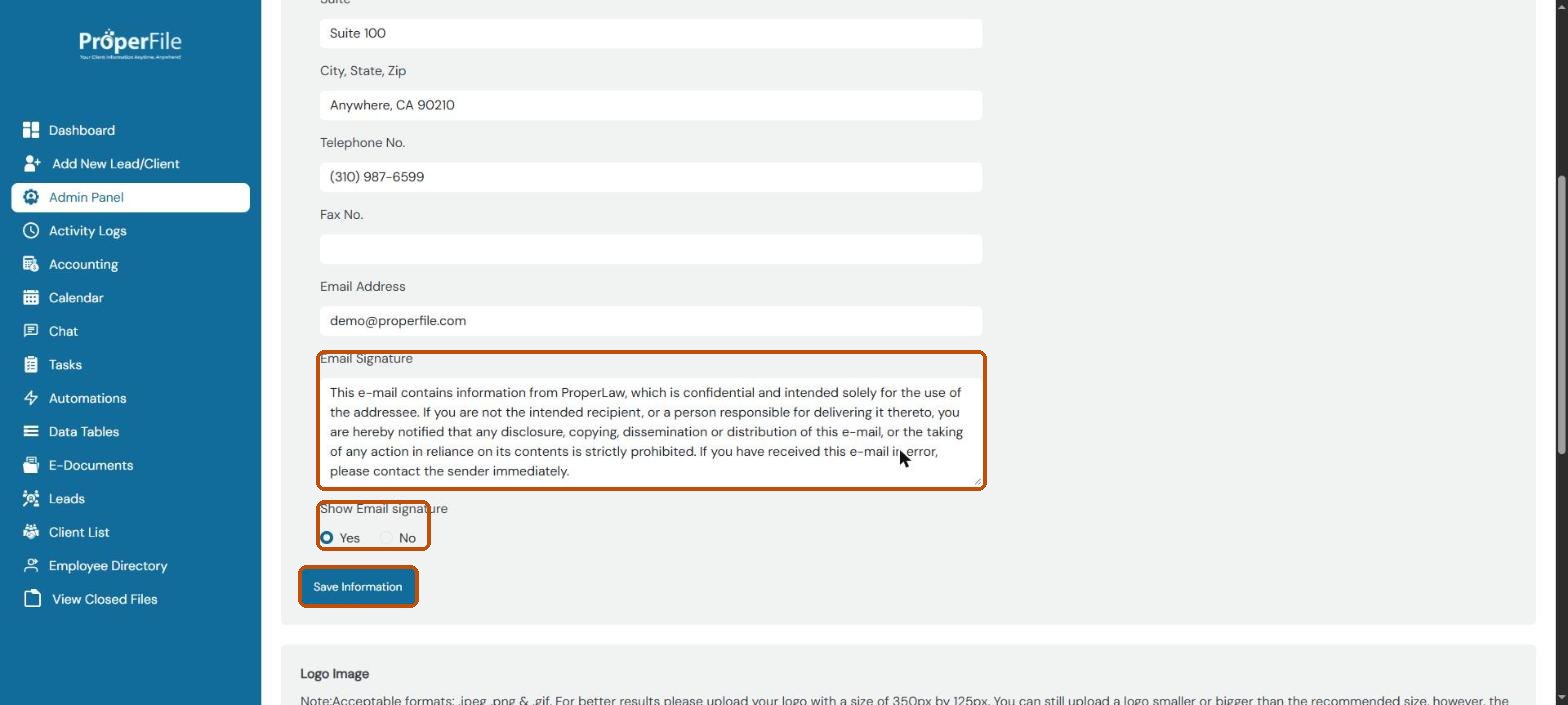 Email signature box, Show Email signature setting and the Save Information button