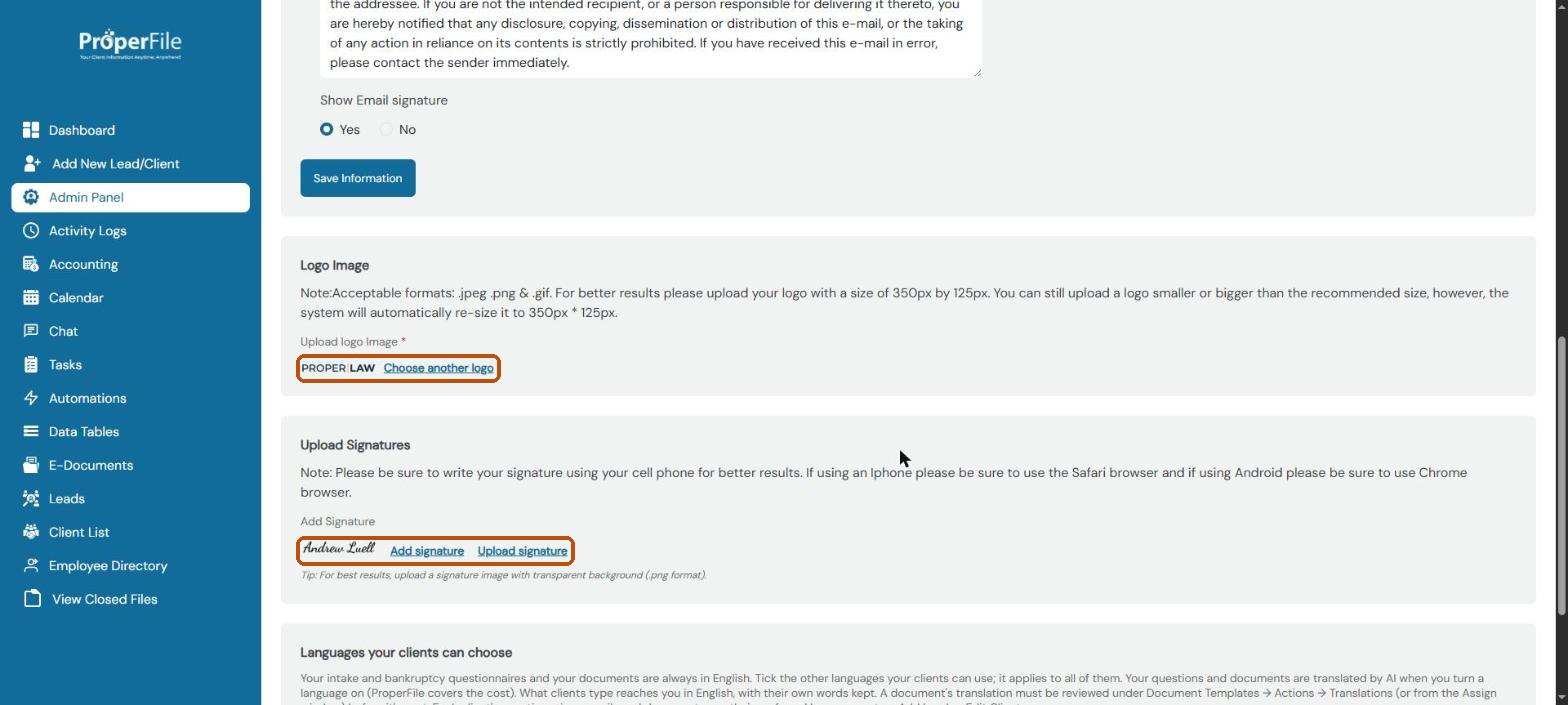 Logo Image and Upload Signatures sections with Choose another logo, Add signature and Upload signature links