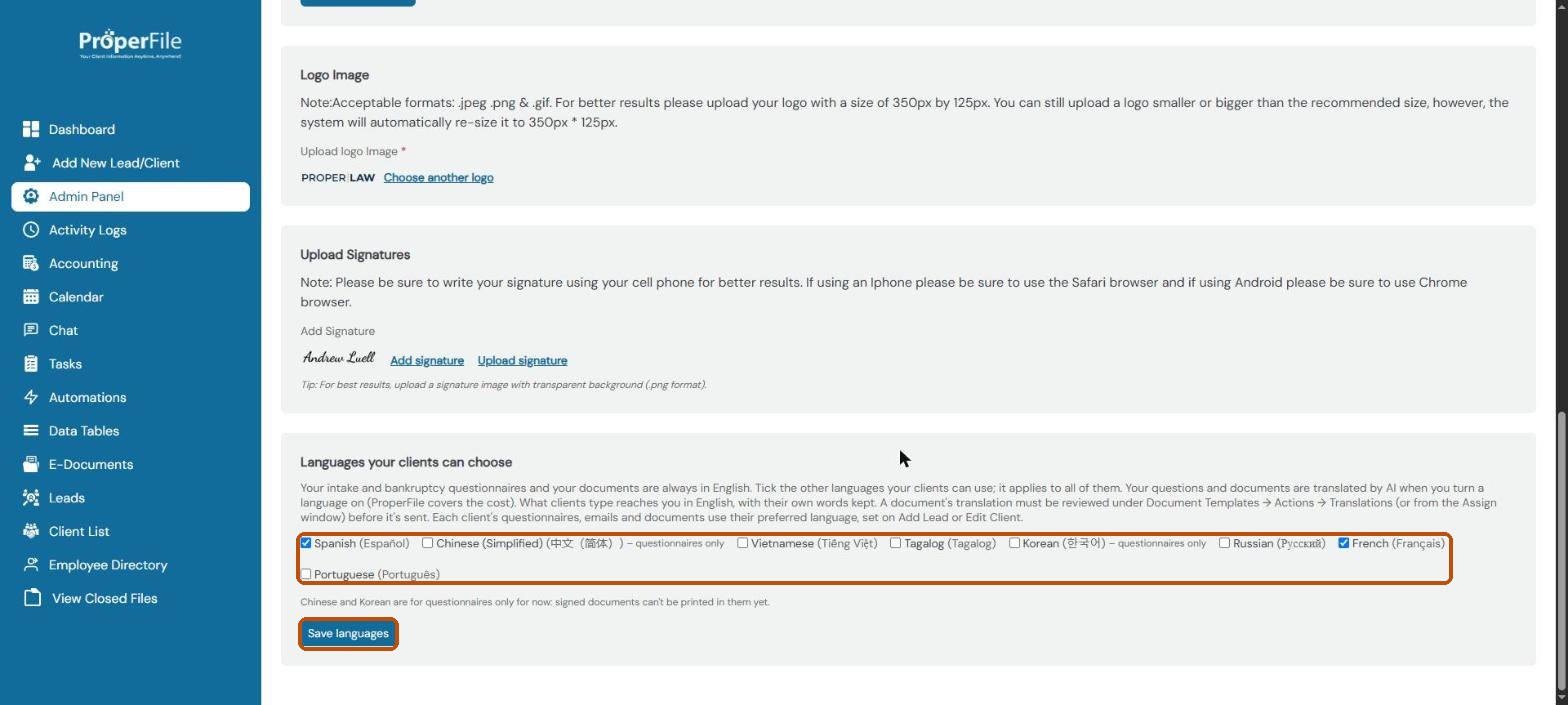 Languages your clients can choose, with the language checkboxes and the Save languages button
