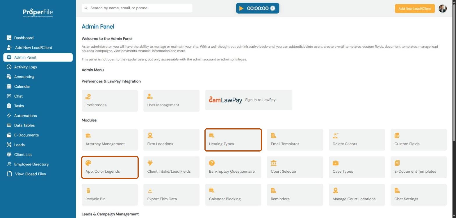 The Admin Panel with the Hearing Types and App. Color Legends tiles highlighted