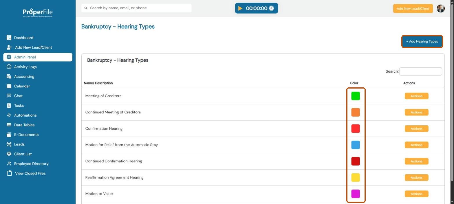 Bankruptcy hearing types with their calendar colors and the Add Hearing Types button