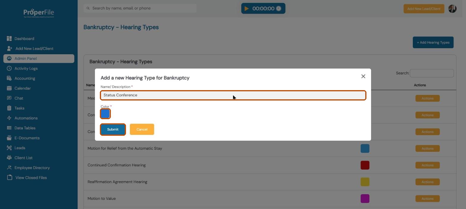 Add a new Hearing Type window with the name Status Conference and a blue color