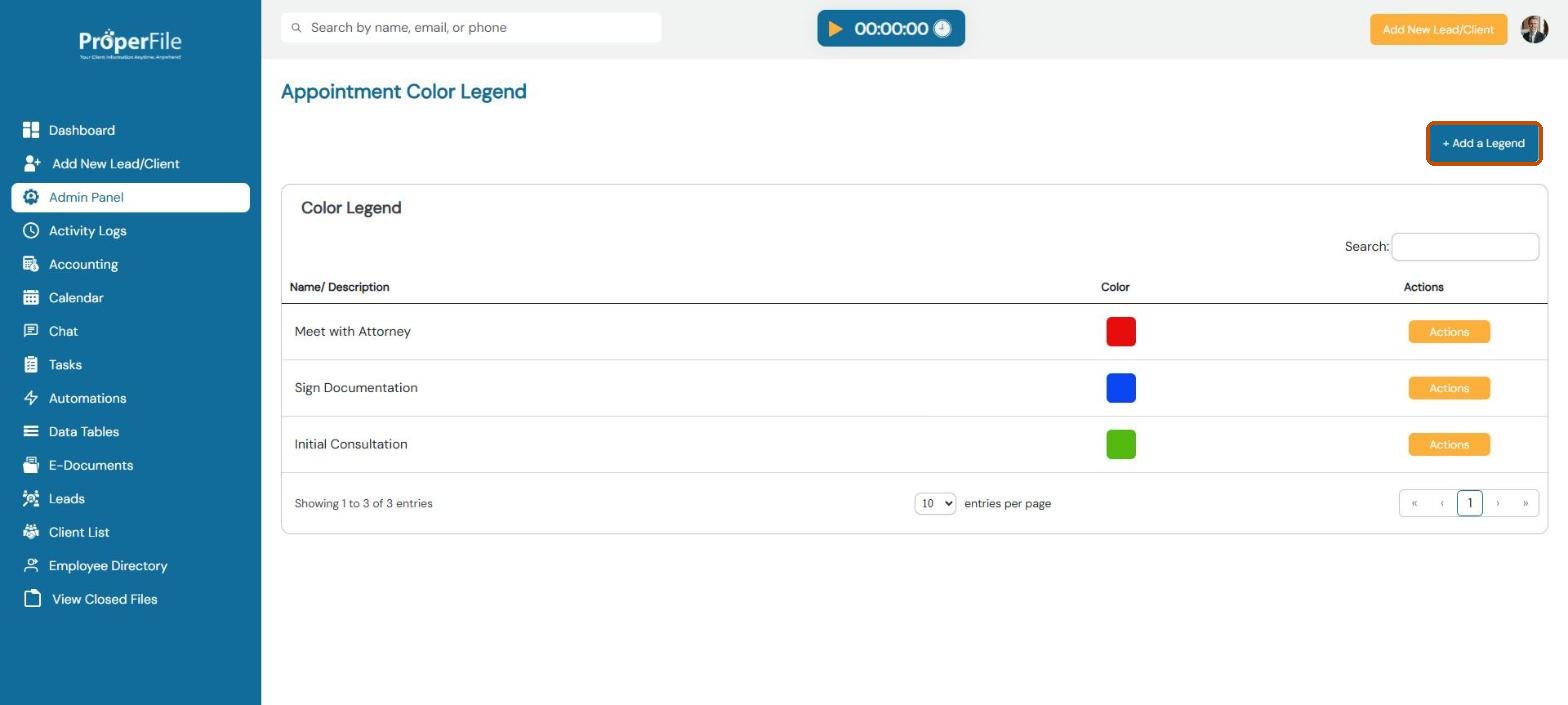 Appointment Color Legend list with the Add a Legend button highlighted