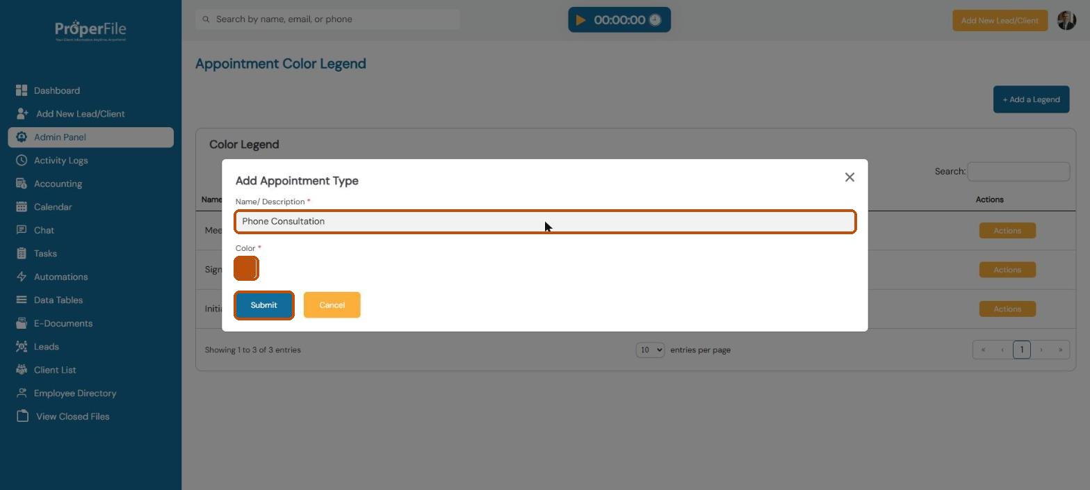 Add Appointment Type window with the name Phone Consultation and an orange color