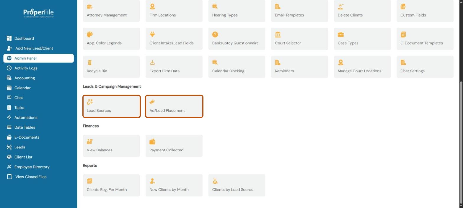 The Admin Panel's Leads and Campaign Management section with Lead Sources and Ad/Lead Placement highlighted