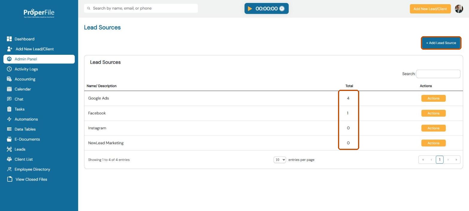 Lead Sources list with how many clients came from each source, and the Add Lead Source button