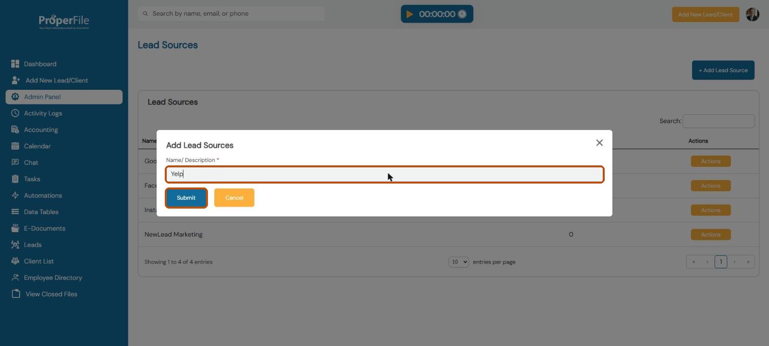 Add Lead Sources window with the name Yelp