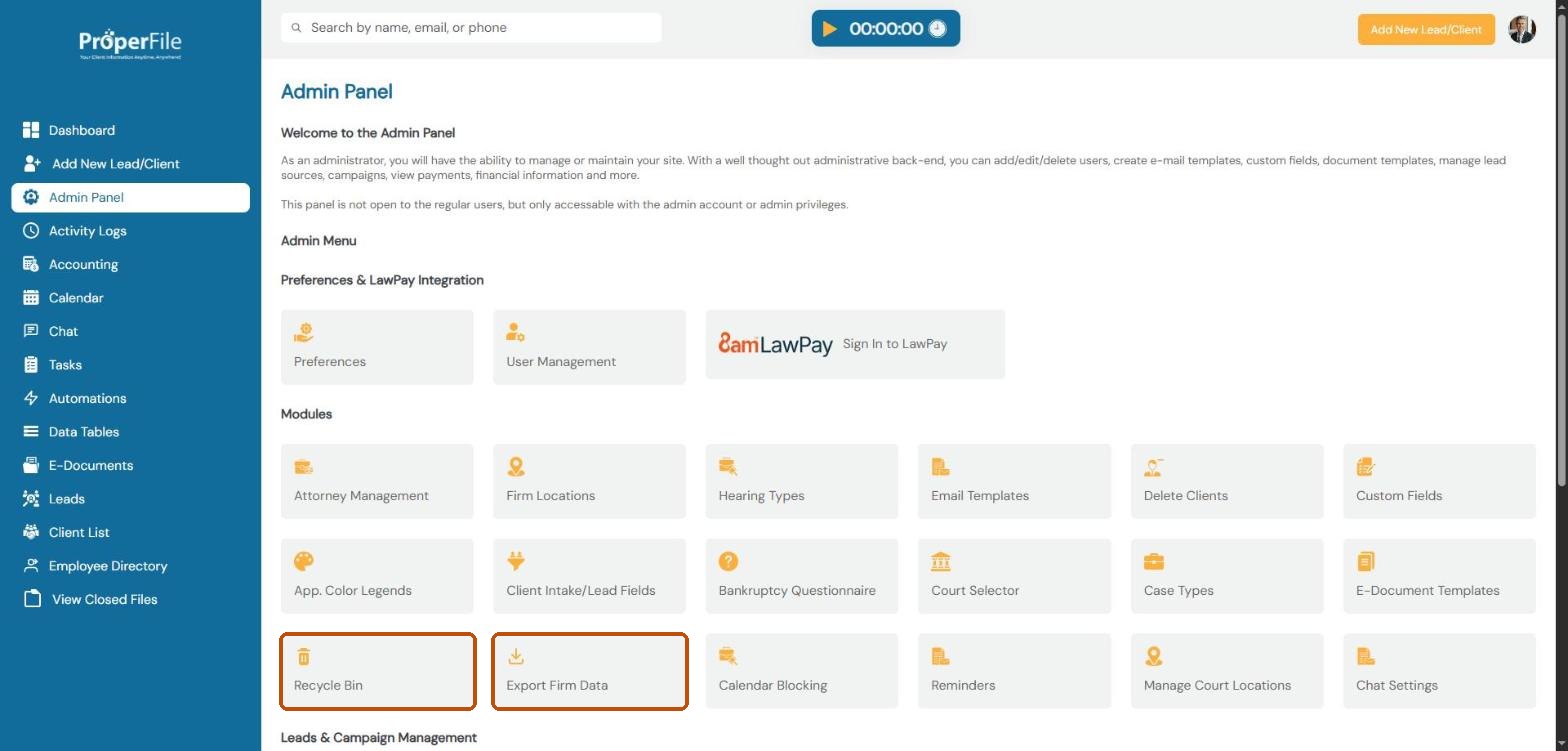 The Admin Panel with the Recycle Bin and Export Firm Data tiles highlighted
