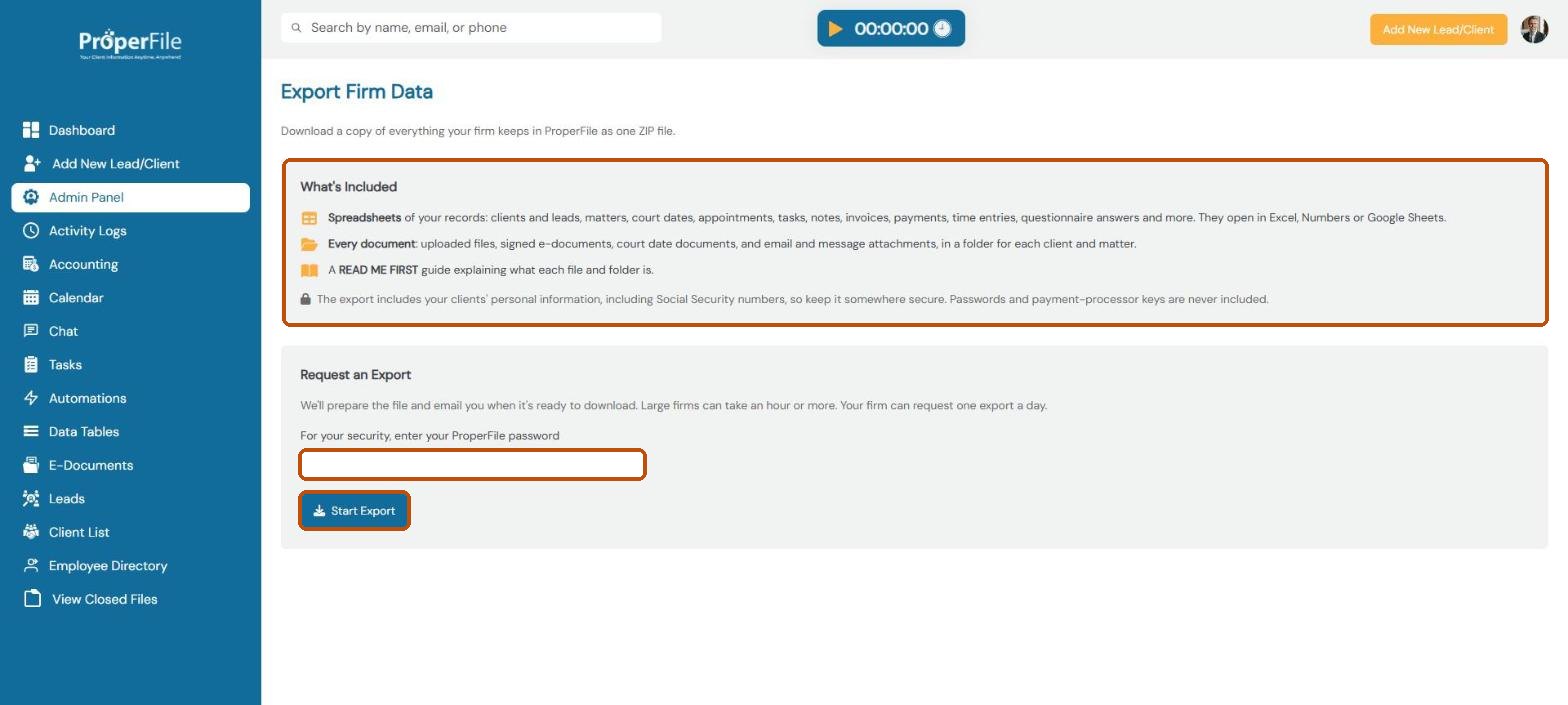 Export Firm Data: what's included, the password box and the Start Export button