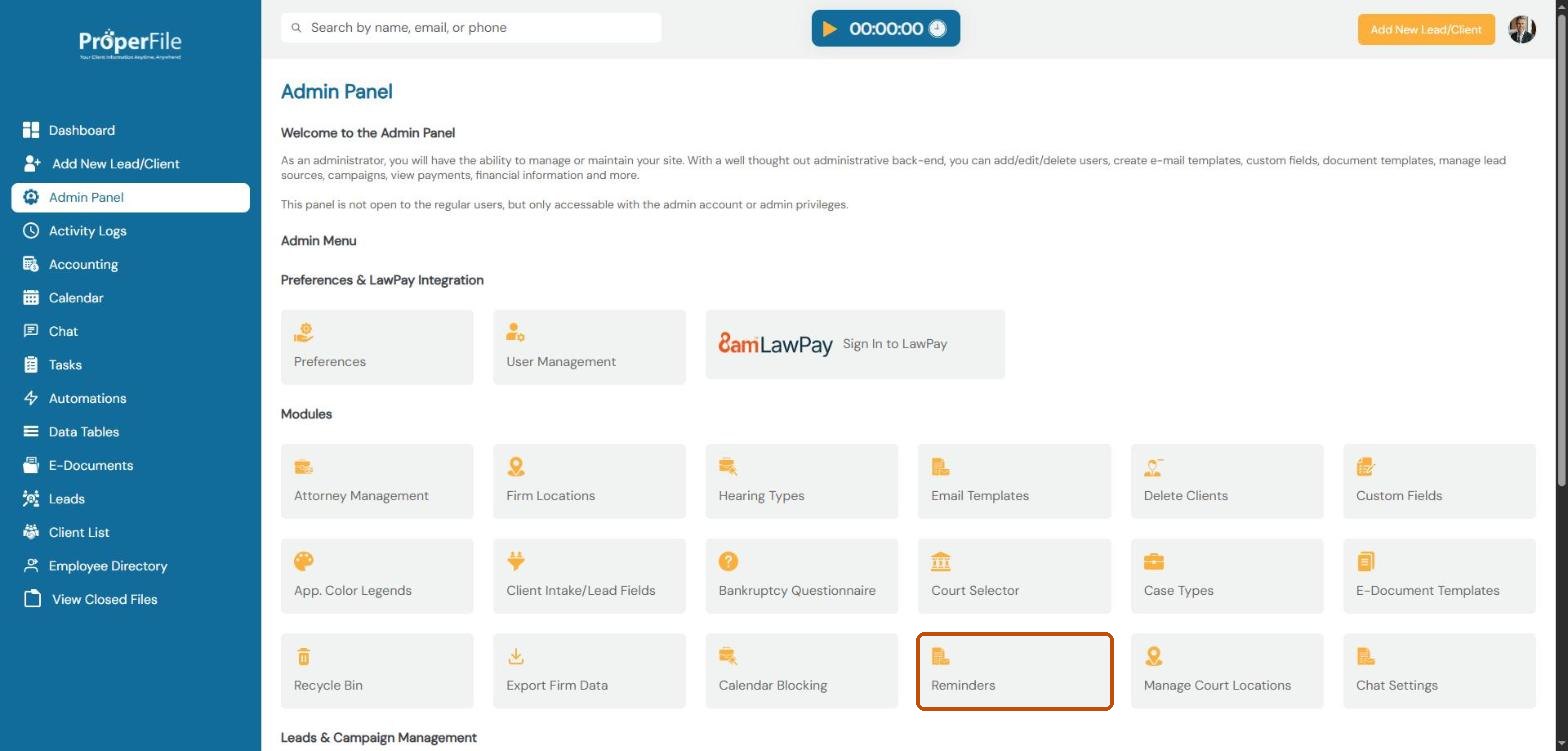 The Admin Panel with the Reminders tile highlighted