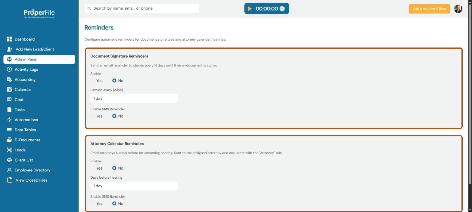 Reminders page with Document Signature Reminders and Attorney Calendar Reminders, both off