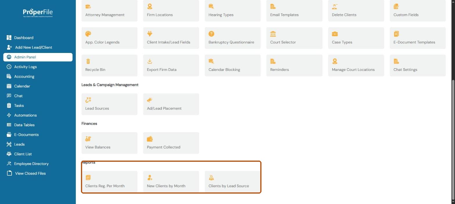 The Admin Panel's Reports section: Clients Reg. Per Month, New Clients by Month and Clients by Lead Source
