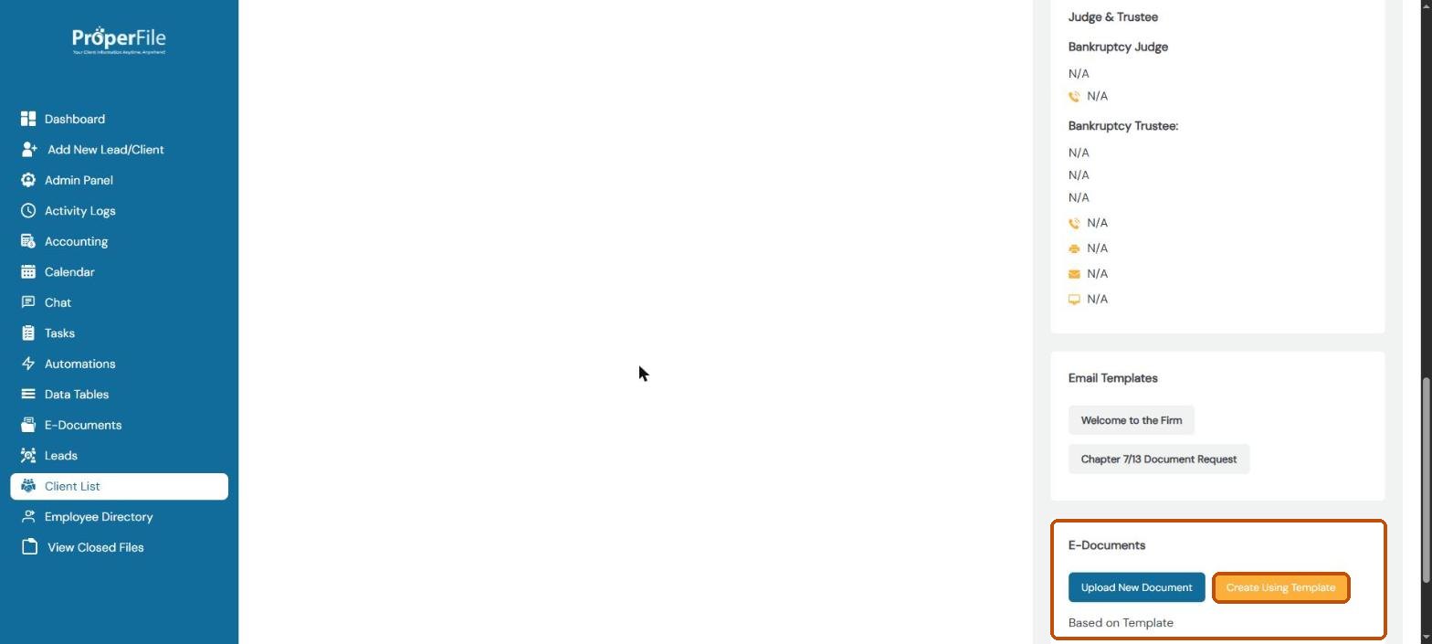 The E-Documents panel on a client's page with the Create Using Template button highlighted