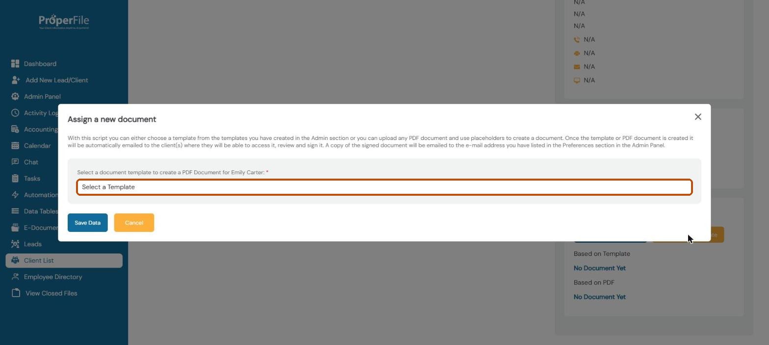 Assign a new document window with the template list