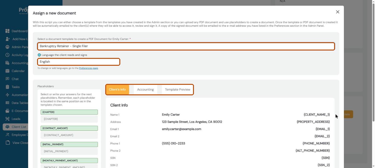 Template chosen, the language the client signs in, and the Client's Info, Accounting and Template Preview tabs