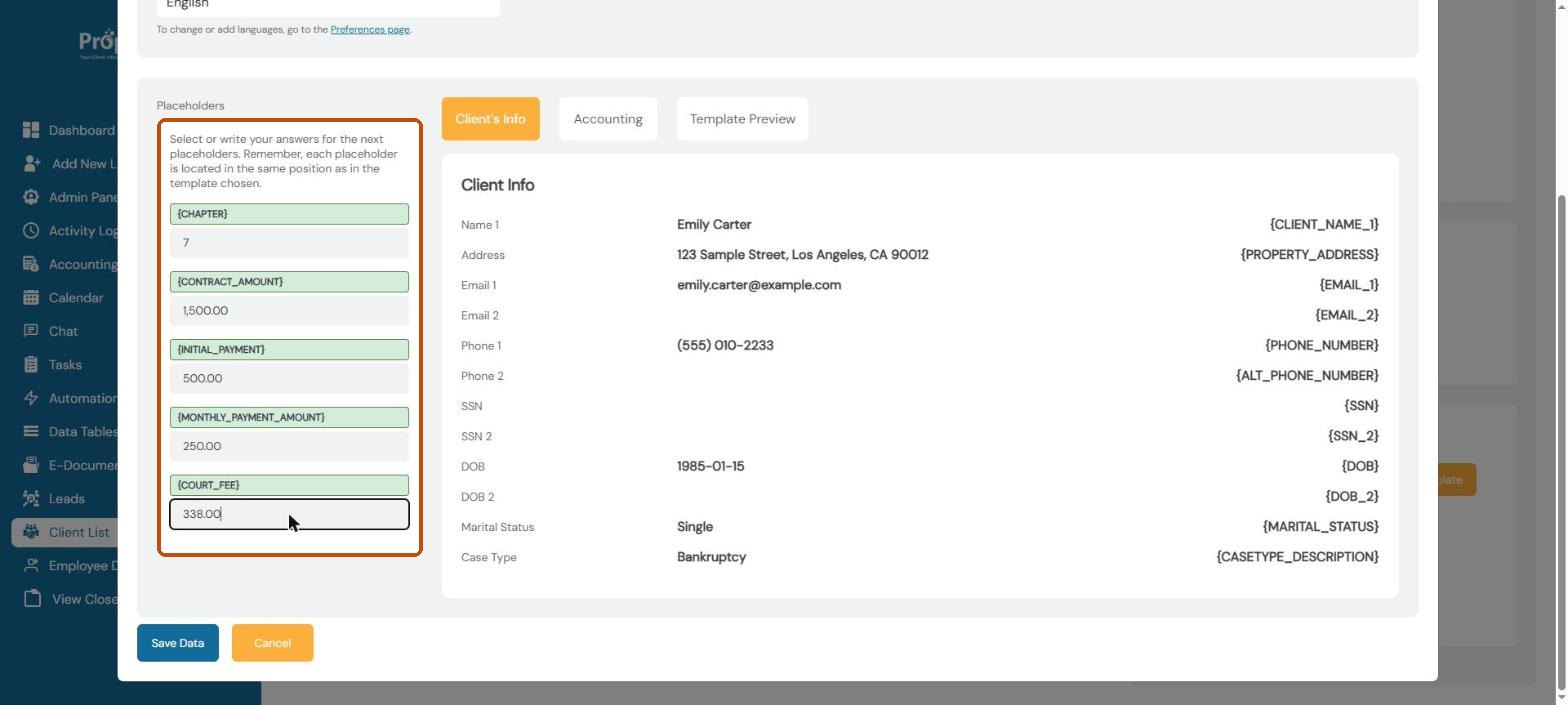Placeholders filled in: chapter, contract amount, initial payment, monthly payment and court fee