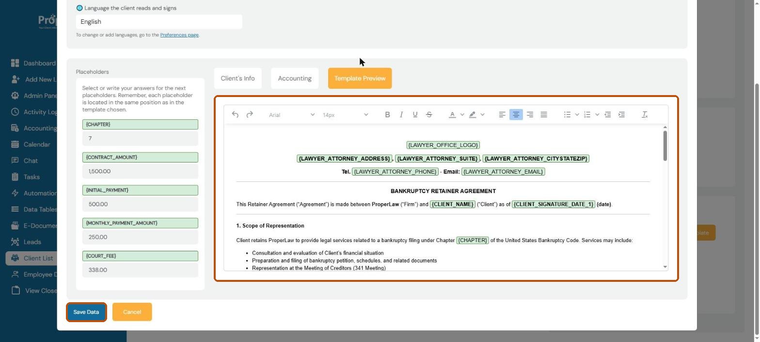 Template Preview of the retainer agreement and the Save Data button