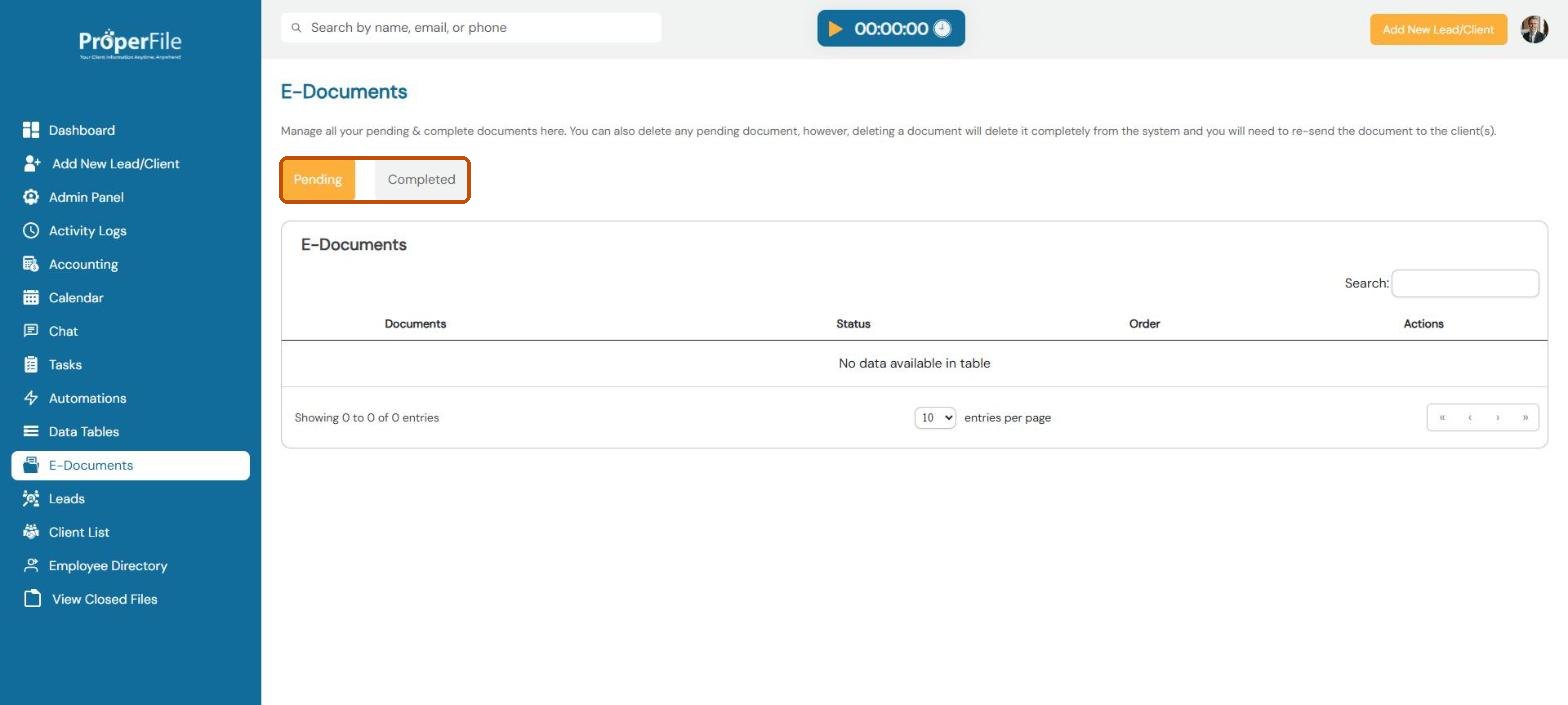 E-Documents page with Pending and Completed tabs
