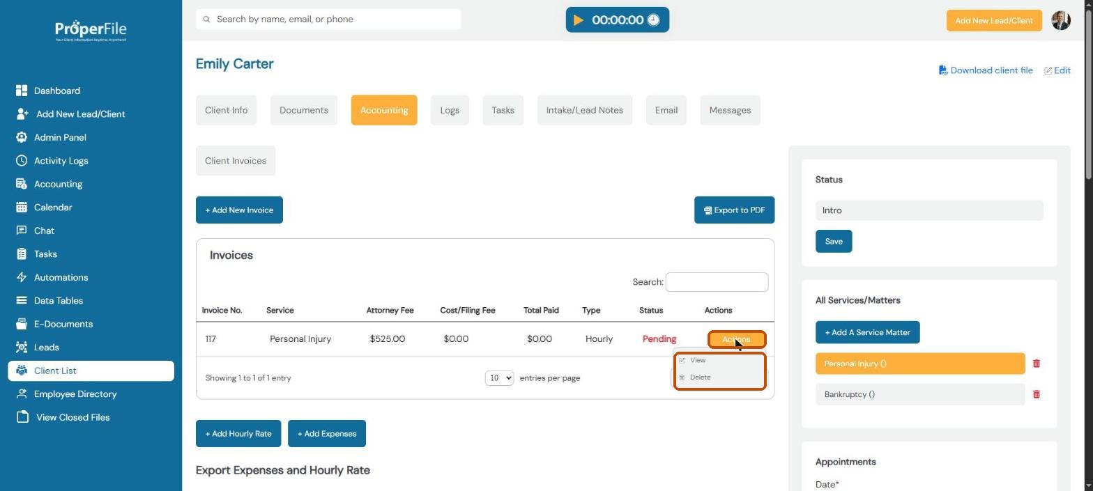An invoice's Actions menu with View and Delete