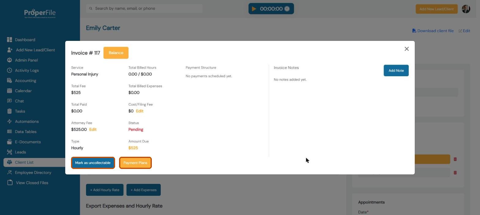 Invoice details with the Payment Plans and Mark as uncollectable buttons