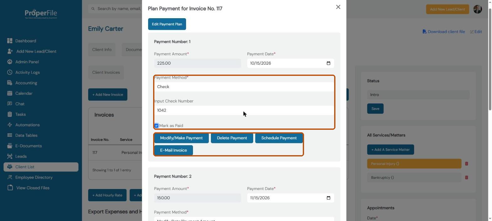 A scheduled payment with payment method, check number, Mark as Paid and the Modify/Make Payment, Schedule Payment and E-Mail Invoice buttons