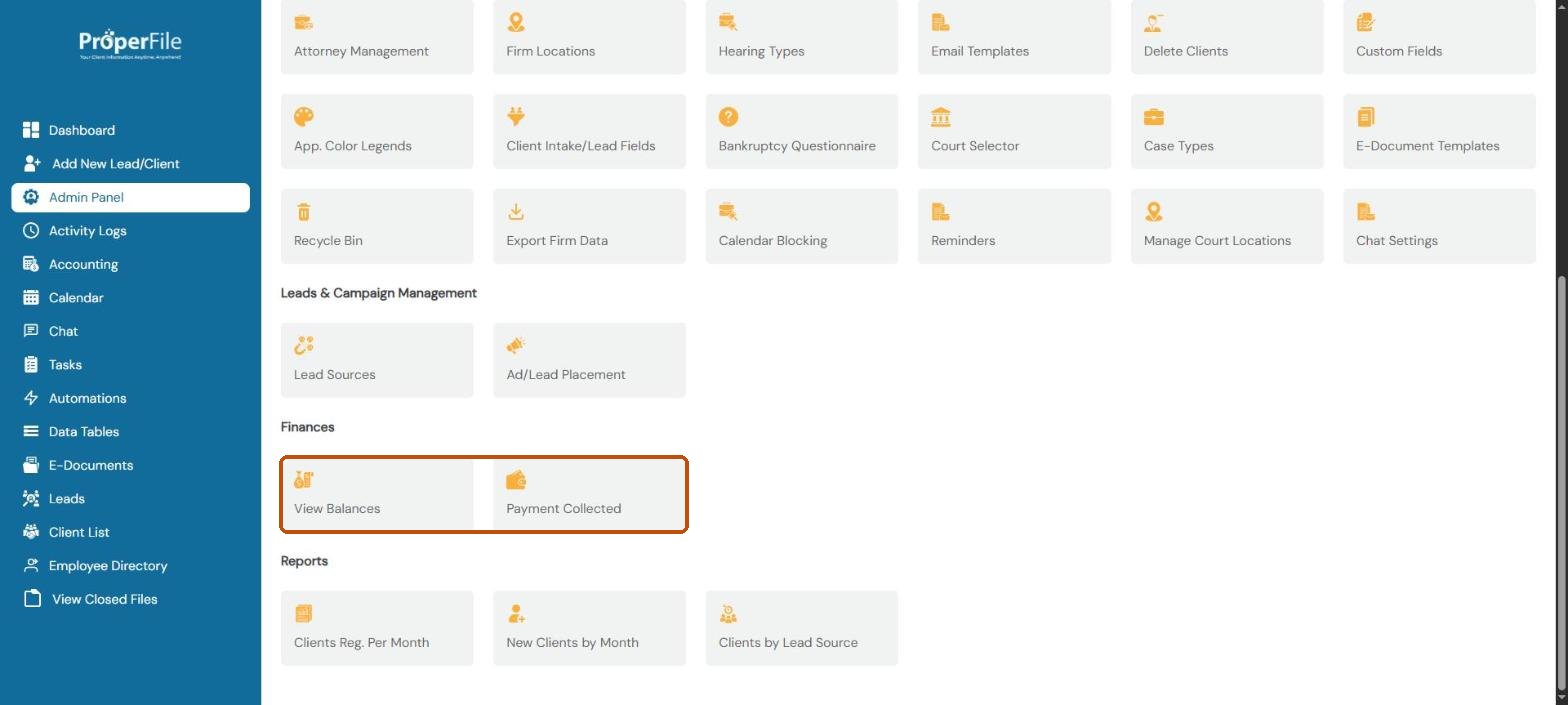 The Admin Panel's Finances section with View Balances and Payment Collected