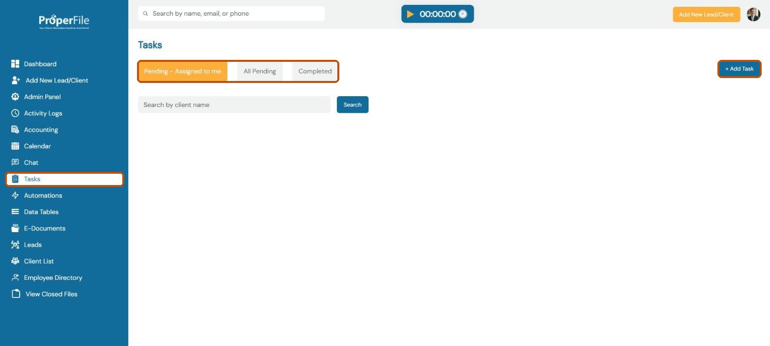 Tasks page with the Pending - Assigned to me, All Pending and Completed tabs and the Add Task button