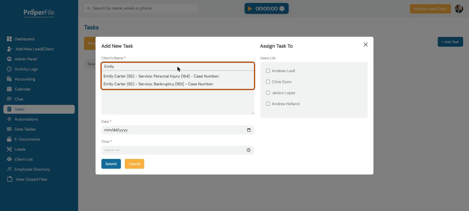 Add New Task window: typing a client's name shows each of their matters