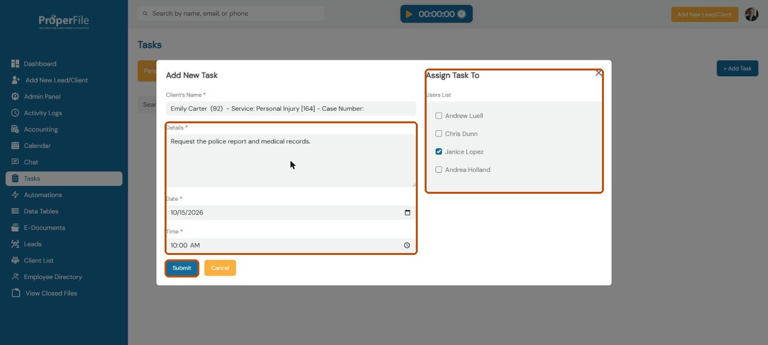 Add New Task window filled in with details, due date and time, and Janice Lopez ticked under Assign Task To