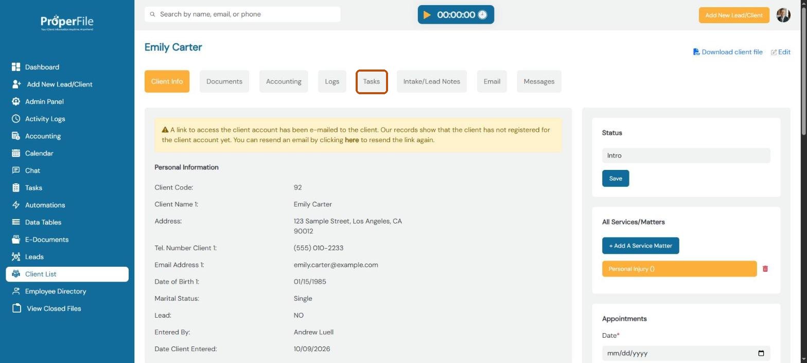 A client's page with the Tasks tab highlighted