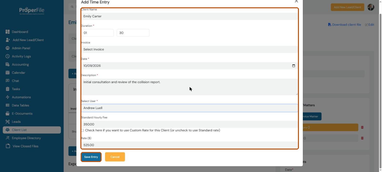 Add Time Entry window: duration, date, description, user, hourly fee and calculated rate