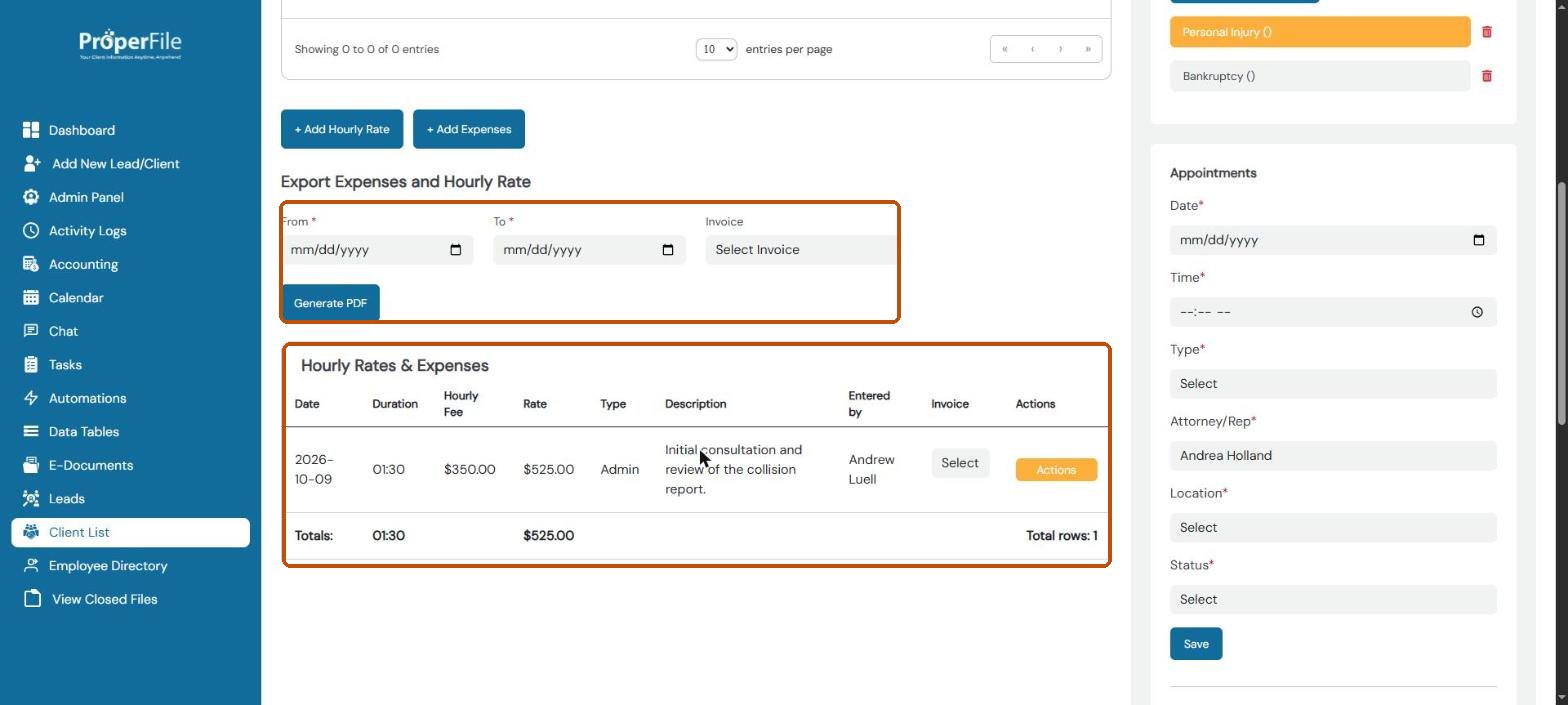 Hourly Rates and Expenses list with the new entry, and the Export Expenses and Hourly Rate form